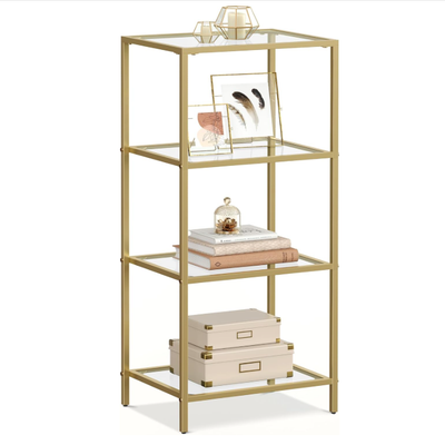 Bookcase, 4-Tier Bookshelf, Slim Shelving Unit for Bedroom, Bathroom, Home Office, Tempered Glass, Steel Frame - 11.8" x 15.7" x 37.4"/Gold